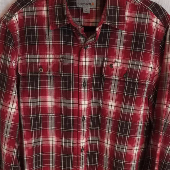 Carhartt | Oversized Red Plaid Heavyweight Flannel Button-Up Shirt/Shacket - Picture 2 of 10